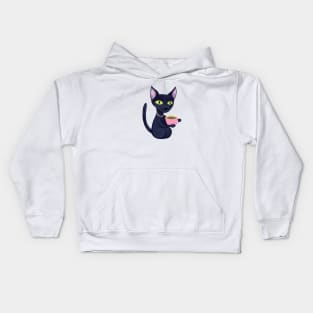 Cute Black Cat Drinking Coffee Kids Hoodie